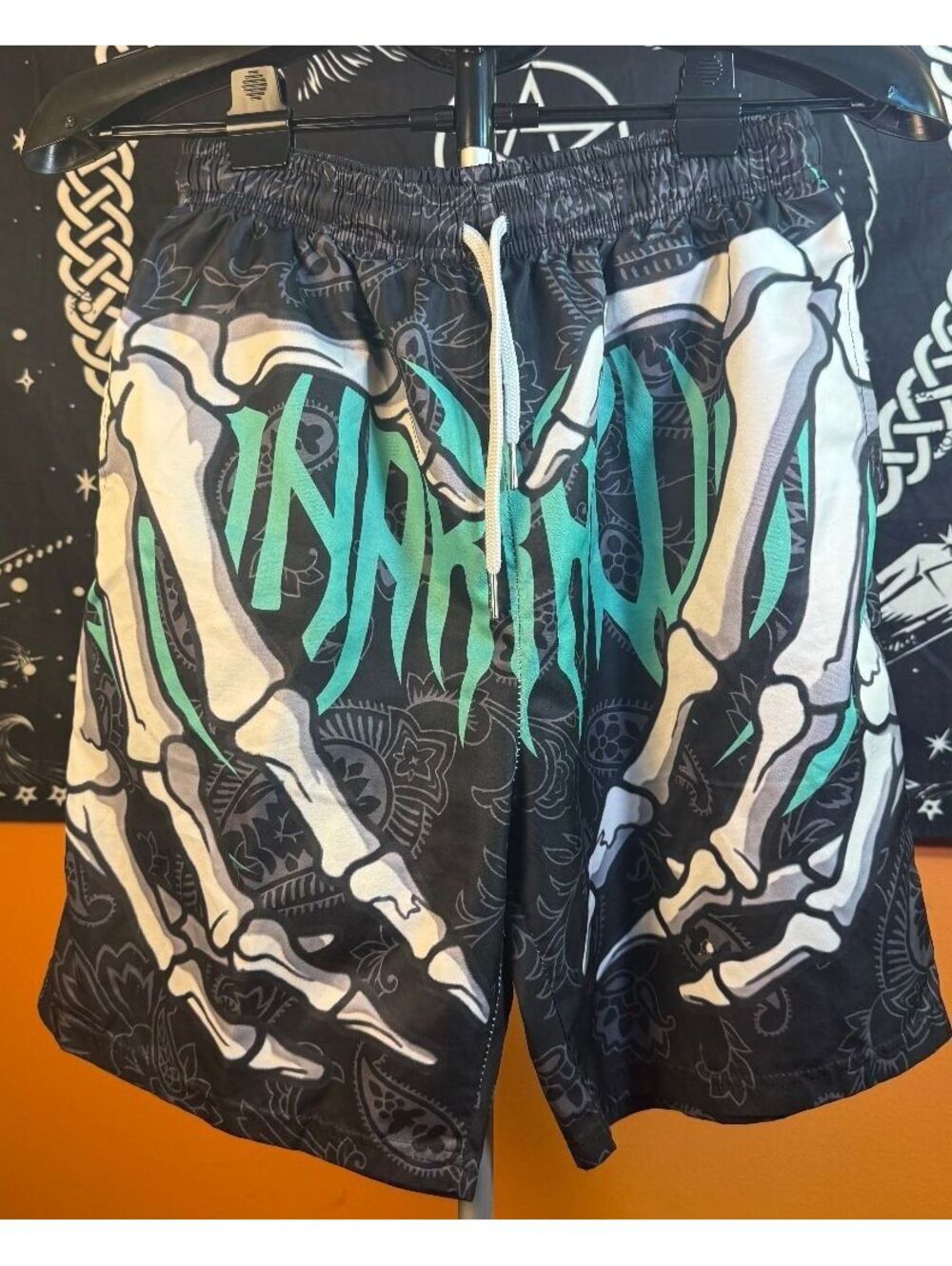 Mens skull lounge Shorts w Skeleton Hand Design romwe sz M